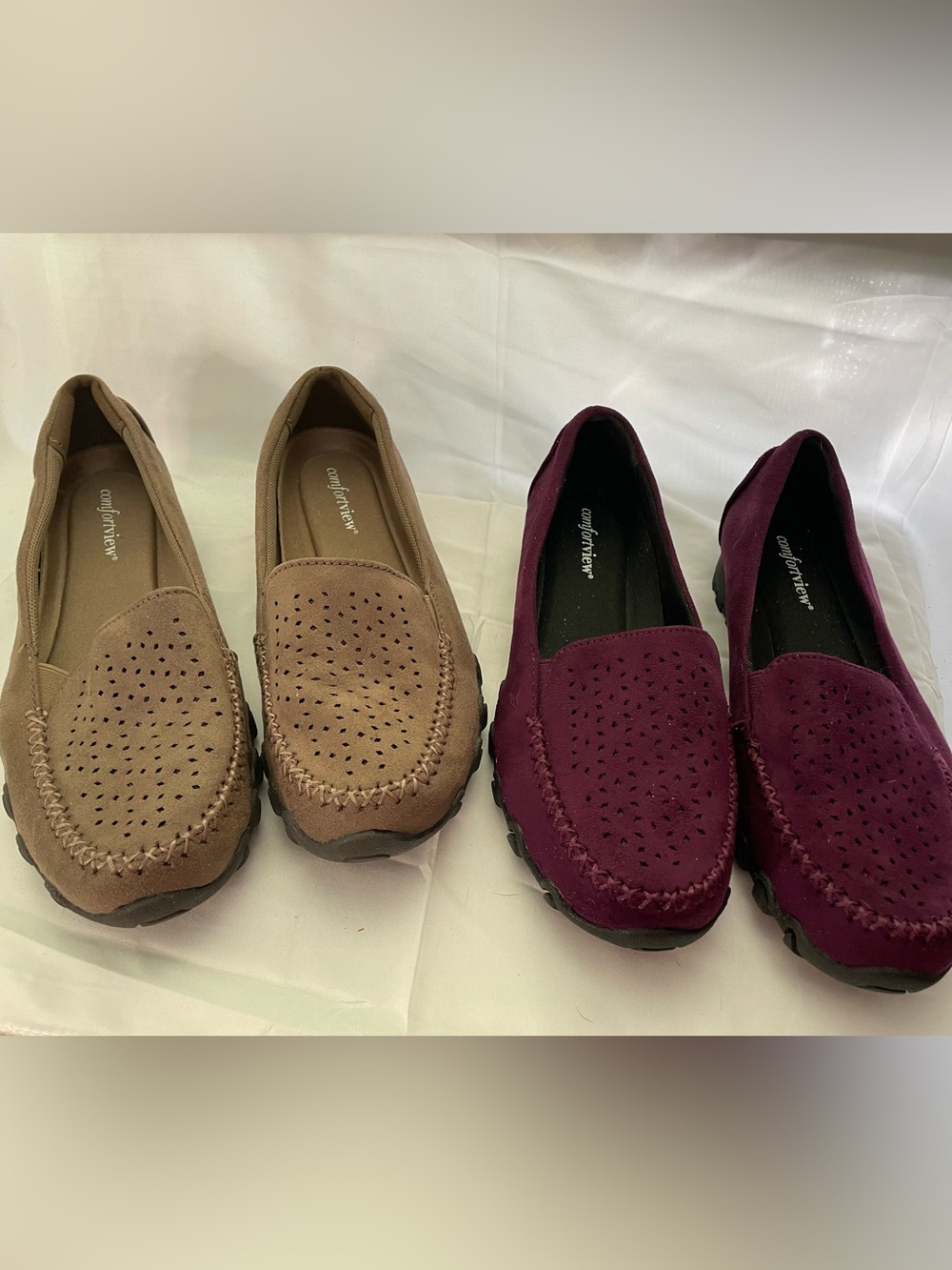 comfortview Perforated Slip-On Moccasins in Tan and Burgundy Two Pairs